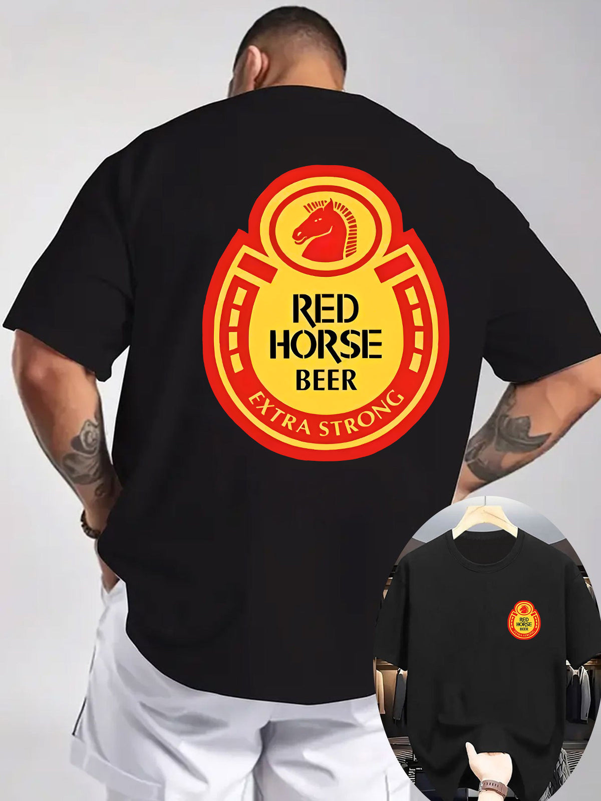 New Summer Men'S Casual T-Shirt with Ribbed Round Neck And Short Sleeves, Made from Knitted Fabric, Refreshing And Comfortable, Featuring Double-Sided Printing with a Red Horse Beer Design, Perfect for Outdoor Activities - Black