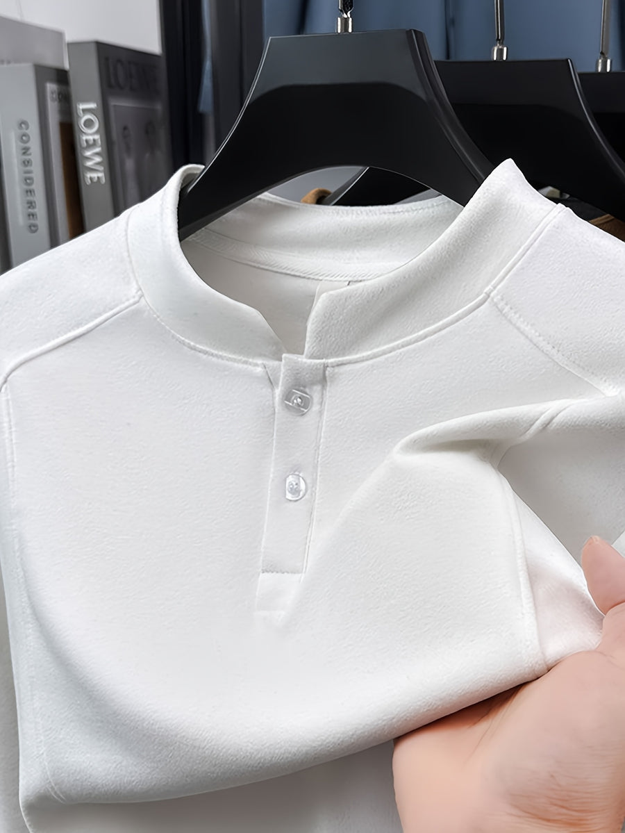 Men's Henley Neck Long Sleeve Base Layer Shirt, Slim Fit but Not Tight, Suitable for Middle-Aged Men, with a Light Business-Casual Vibe. -SINBOS - White