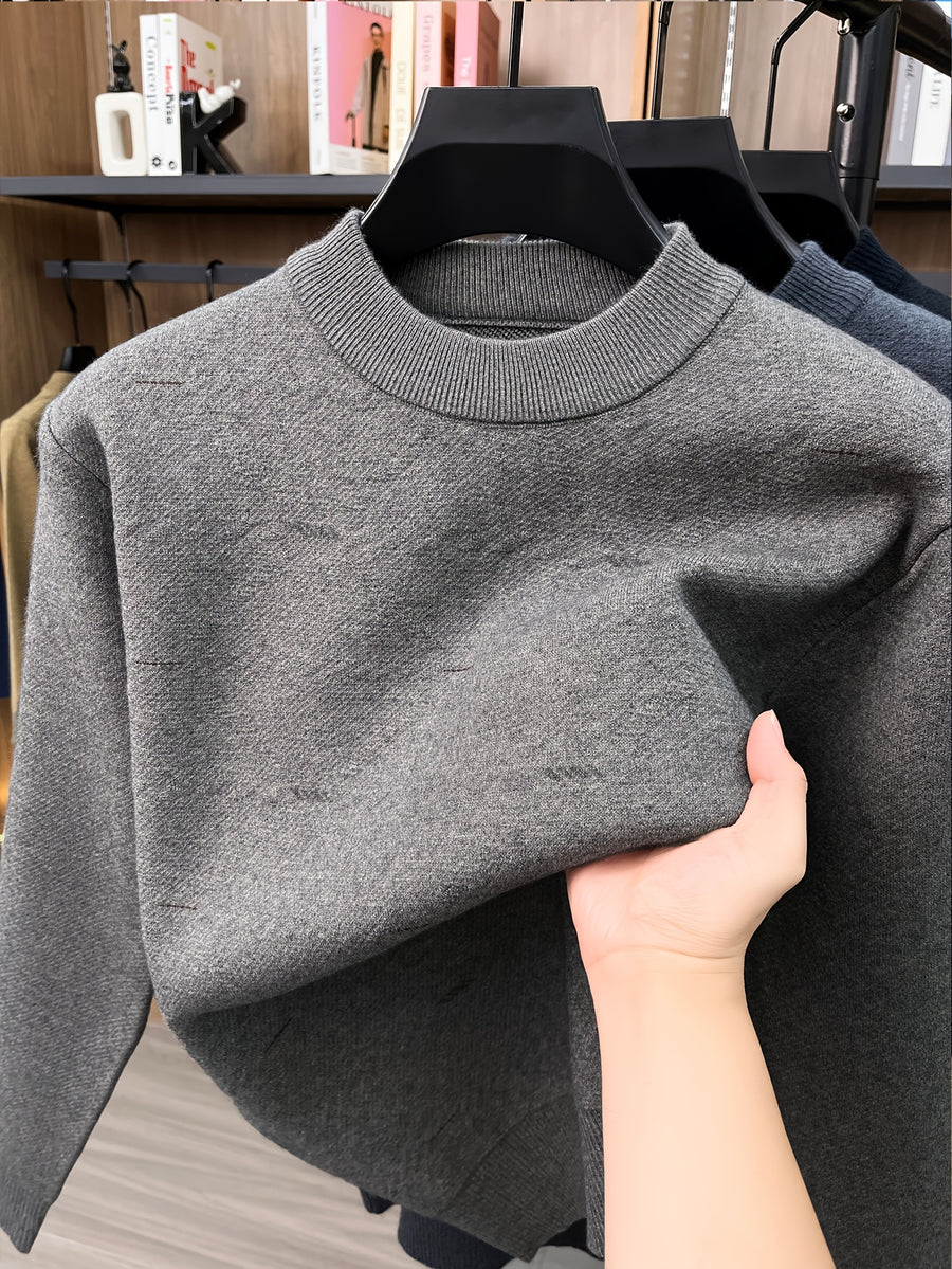 Autumn/Winter Men's Crew Neck Knit Sweater, Simple Subtle Jacquard Pattern, Mid-Life Layering Top - Camel