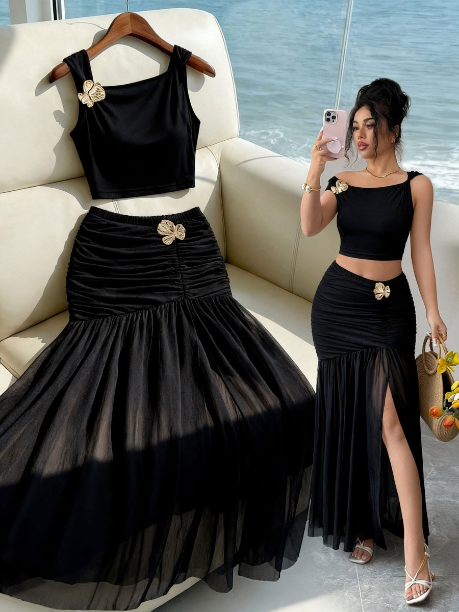 Golden Label Style Summer New Fashion Easy Elegant Off-Shoulder Asymmetrical Top And Mesh Patchwork Slit Skirt Set Women'S Elegant Two-Piece Outfit, Featuring a Cami Crop Top And Long Skirt, Adorned with Metal Embellishments, Slim Fit - Black