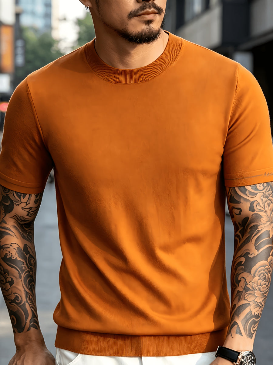 Men' Summer Short-Sleeve Knit Shirt with White-Trimmed Cuff - Stretchable Round Neck -Compatible Suitable for Urban Streetwear & Business Casual, Solid Color Multi-Color Tunic Top for Commuting and Office Wear - Emma Orange