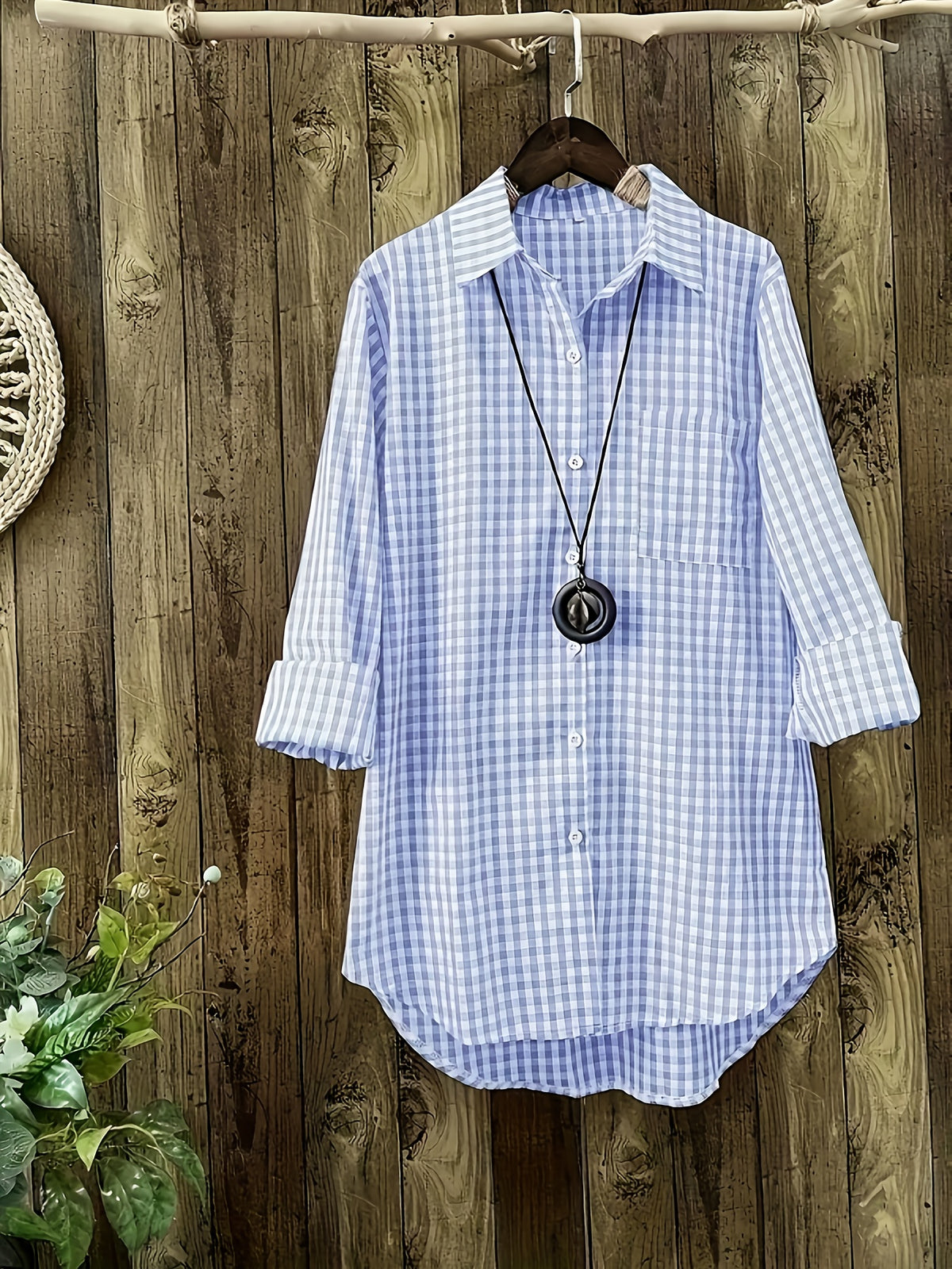 Women'S Spring Summer Casual Retro Commuter Long Sleeve Plaid Shirt - Light Blue
