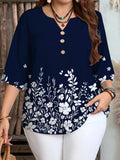 Women's Casual Fashion Positioning Printed Shirt Versatile Blue V-Neck Top - Blue