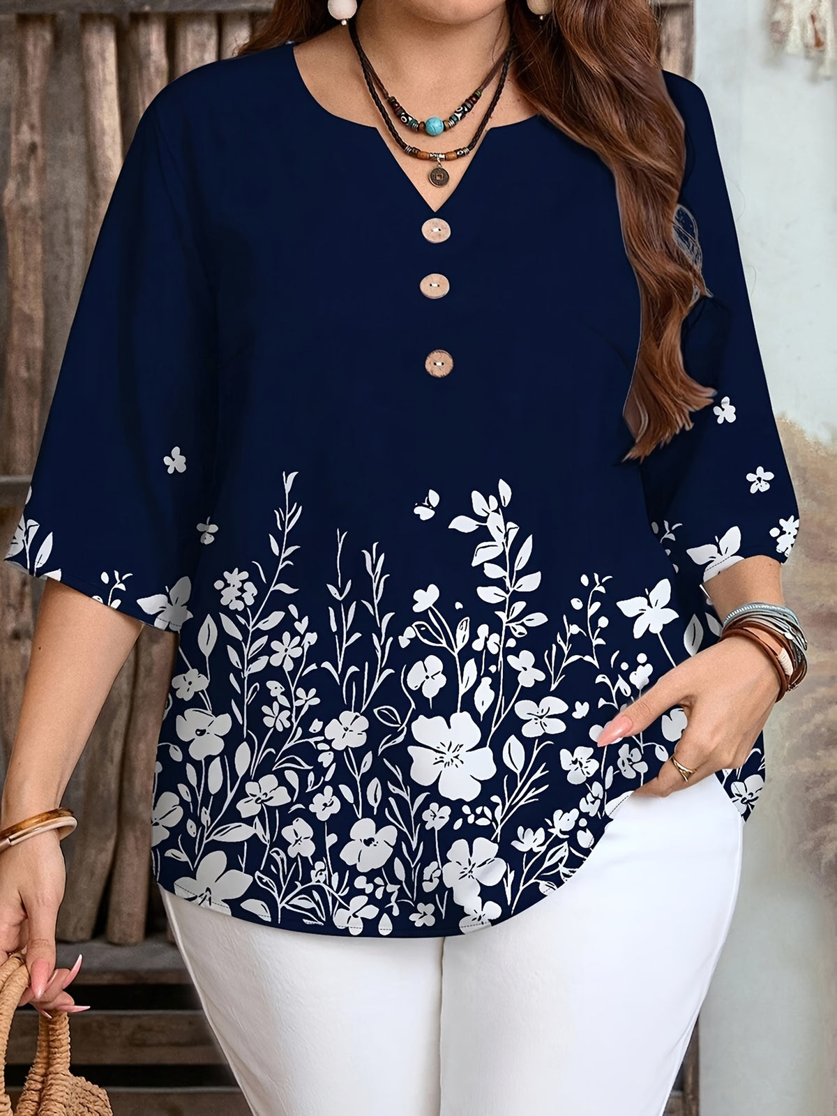 Women's Casual Fashion Positioning Printed Shirt Versatile Blue V-Neck Top - Blue