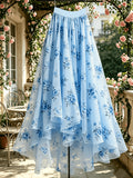 New Women's Mesh Floral Print Flared Skirt with Irregular Hem, Suitable for Banquets, Dates, and Parties - Sky Blue