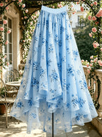 New Women's Mesh Floral Print Flared Skirt with Irregular Hem, Suitable for Banquets, Dates, and Parties - Sky Blue