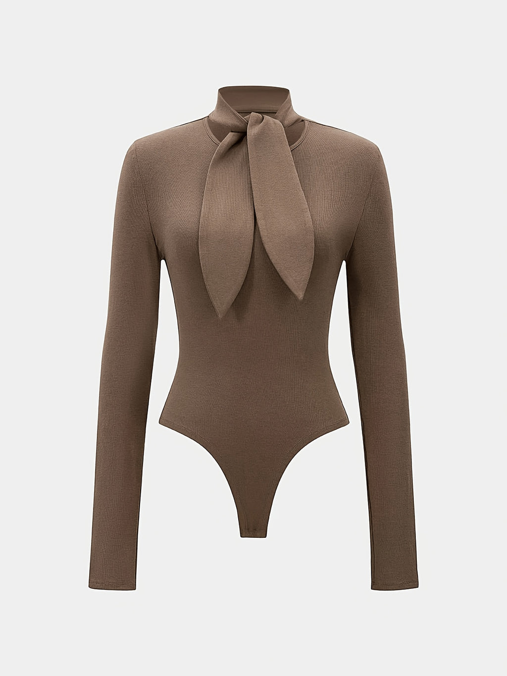 Women's Waffle Long Sleeve Bodysuit, Elegant Bow Collar Slim Fit Base Layer, Solid Color High Neck Tight Bodysuit Top - Khaki