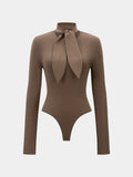 Women's Waffle Long Sleeve Bodysuit, Elegant Bow Collar Slim Fit Base Layer, Solid Color High Neck Tight Bodysuit Top - Khaki