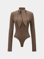 Women's Waffle Long Sleeve Bodysuit, Elegant Bow Collar Slim Fit Base Layer, Solid Color High Neck Tight Bodysuit Top - Khaki