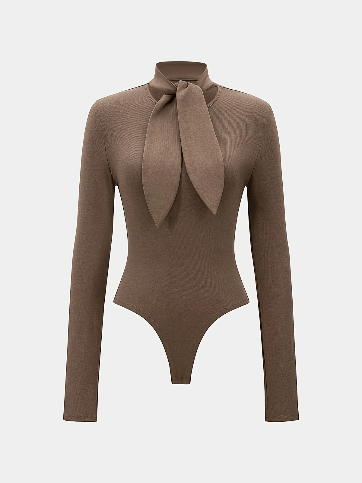 Women's Waffle Long Sleeve Bodysuit, Elegant Bow Collar Slim Fit Base Layer, Solid Color High Neck Tight Bodysuit Top - Khaki