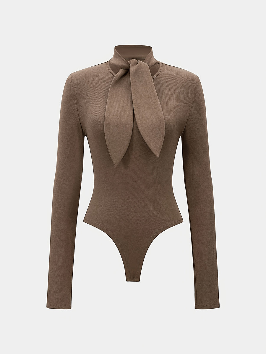 Women's Waffle Long Sleeve Bodysuit, Elegant Bow Collar Slim Fit Base Layer, Solid Color High Neck Tight Bodysuit Top - Khaki