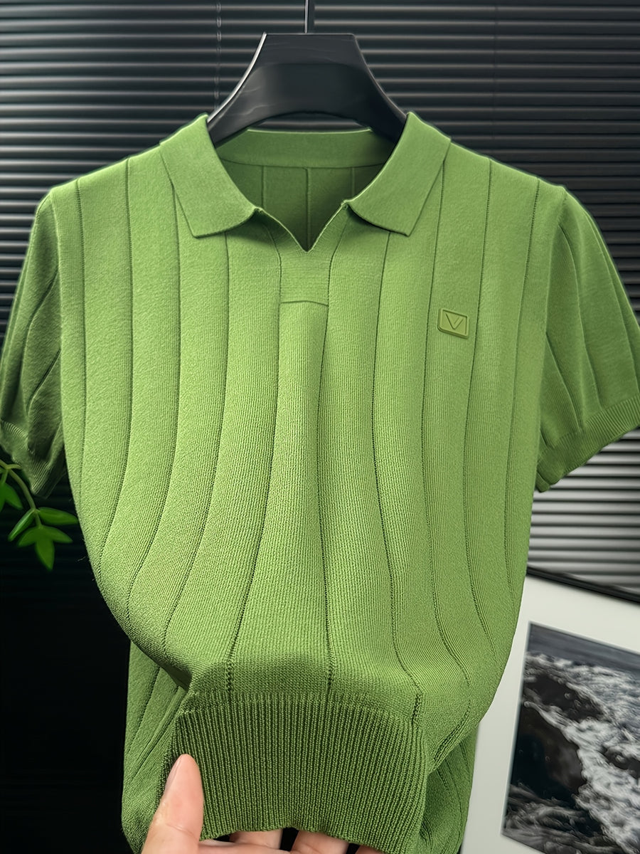Men'S Knit Polo Shirt Short Sleeve V-Neck Vertical Stripes, Business Casual Spring Summer Commute Top, 1pc Multi-Occasion Ready - Green