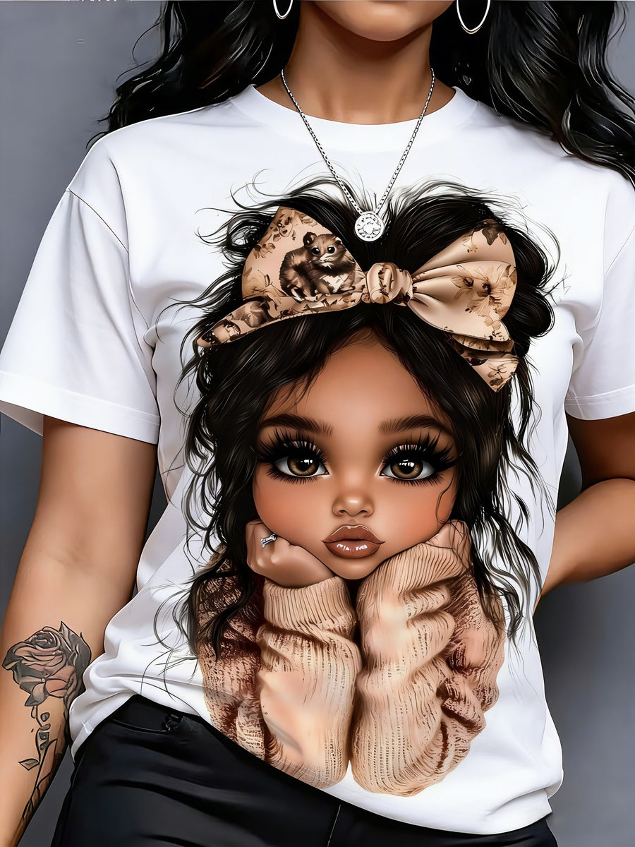 New Summer Cute Bow-Knot Print T-Shirt, Loose Fit with Round Neck Design, Suitable for Everyday Wear And Vacations, Fashionable Women'S T-Shirt - White