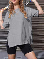 Oversized Women'S Size Top Round Neck Casual Basic Style Oversized Blouse Fashion Side Slit Loose Short Sleeve T-Shirt - Space Gray