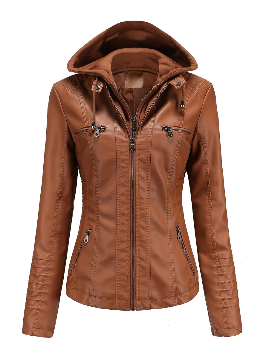 In-Stock Women's Hooded PU Jacket for Spring and Autumn Wear, 2-in-1 Hooded Look Coat with Pockets, Motorcycle Jacket with Hood Design - Camel