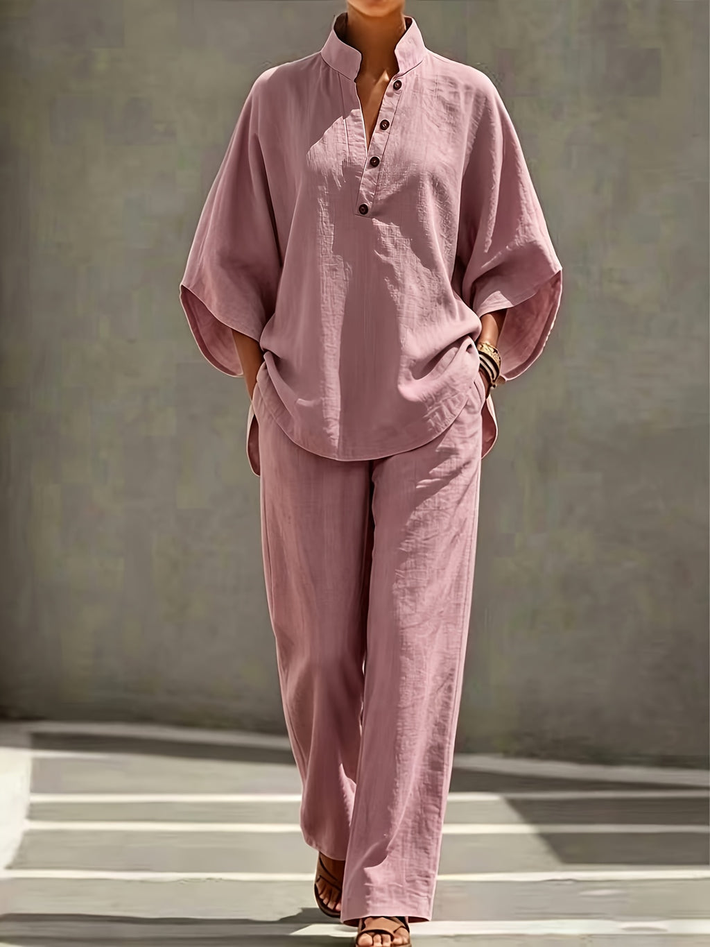 [PLMM] Spring Autumn Winter Women'S Fabric Button Short Collar Fashion Casual Two-Piece Long Pants Set - Fuchsia