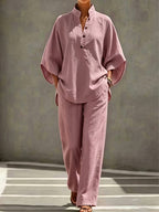 [PLMM] Spring Autumn Winter Women'S Fabric Button Short Collar Fashion Casual Two-Piece Long Pants Set - Fuchsia