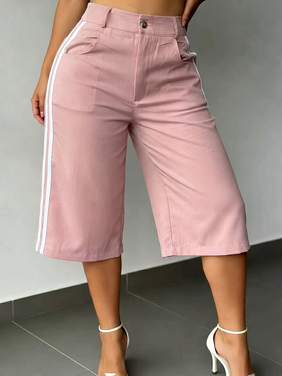 New Summer Fashion Side Contrast Color Patchwork Casual Capri Pants - Pink Color