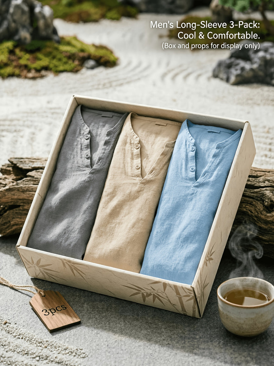 Men'S Linen Long-Sleeve 3pcs, Breathable Henley Neck Loose Fit T-Shirts for Spring And Autumn, Versatile for Business Casual, Commuting, And Lounging. (Box And Props for Display Solely) - Gray + Khaki + Sky Blue