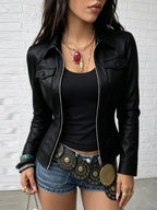 Women's Elegant PU Jacket, Fashionable Casual Solid Color Zipper Slim-Fit Jacket for Daily Wear - Black