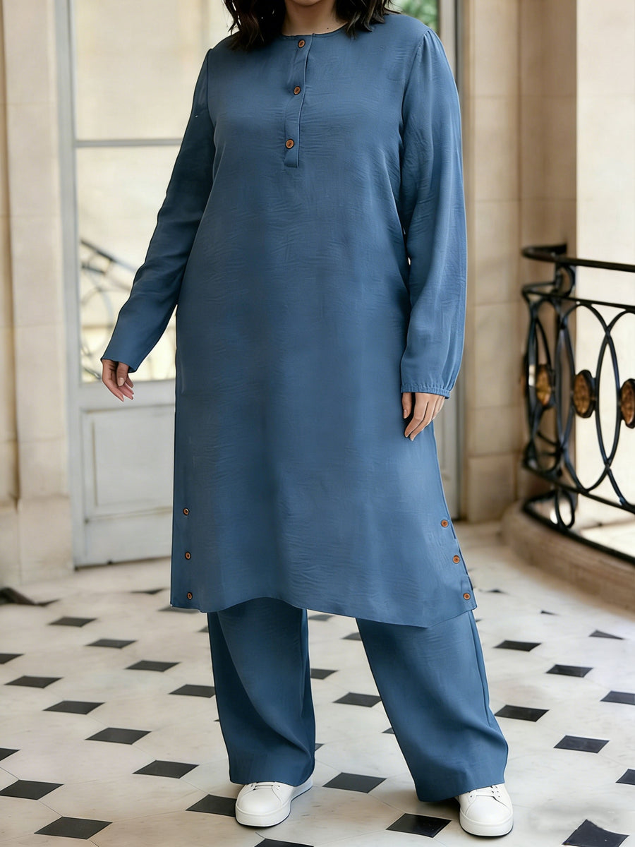 Eid Elegant Muslim 2pcs Jilbab/Abayas Set | Wooden Button Abaya with Wide-Leg PantsDaily Modest Wear - Royal Blue
