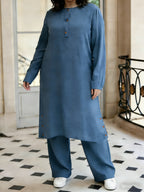 Eid Elegant Muslim 2pcs Jilbab/Abayas Set | Wooden Button Abaya with Wide-Leg PantsDaily Modest Wear - Royal Blue