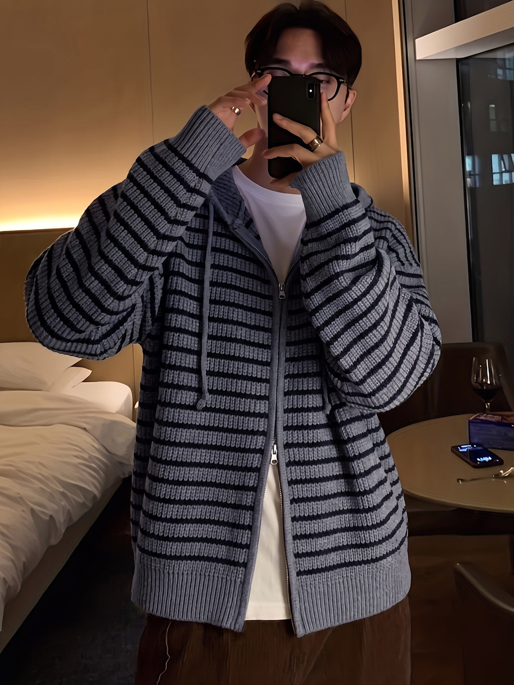 New Autumn/Winter Warm Fashionable Versatile Casual Men's Knit Cardigan Long Sleeve, Lazy Style Striped Hooded Cardigan Sweatshirt, Contrast Color Outerwear Sweater with Double-End Zipper and Adjustable Drawstring, for Work, School - Grey