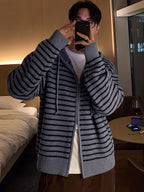 New Autumn/Winter Warm Fashionable Versatile Casual Men's Knit Cardigan Long Sleeve, Lazy Style Striped Hooded Cardigan Sweatshirt, Contrast Color Outerwear Sweater with Double-End Zipper and Adjustable Drawstring, for Work, School - Grey