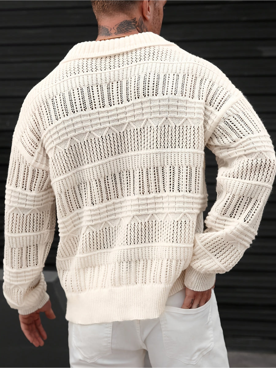 JANE DRESSINGLOG Men's Autumn and Winter Casual Knitted Pullover, with a V-neck Hollow Out Solid Color Polo Shirt and Long Sleeved Sweater, Trendy, Casual, Loose, Breathable, Suitable for Daily Commuting and Travel in Early Autumn. - Apricot