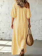 Women'S Elegant Asymmetrical Shoulder Stripe Long Dress, Summer Bohemian Vacation Loose Short Sleeve Maxi Skirt - Yellow