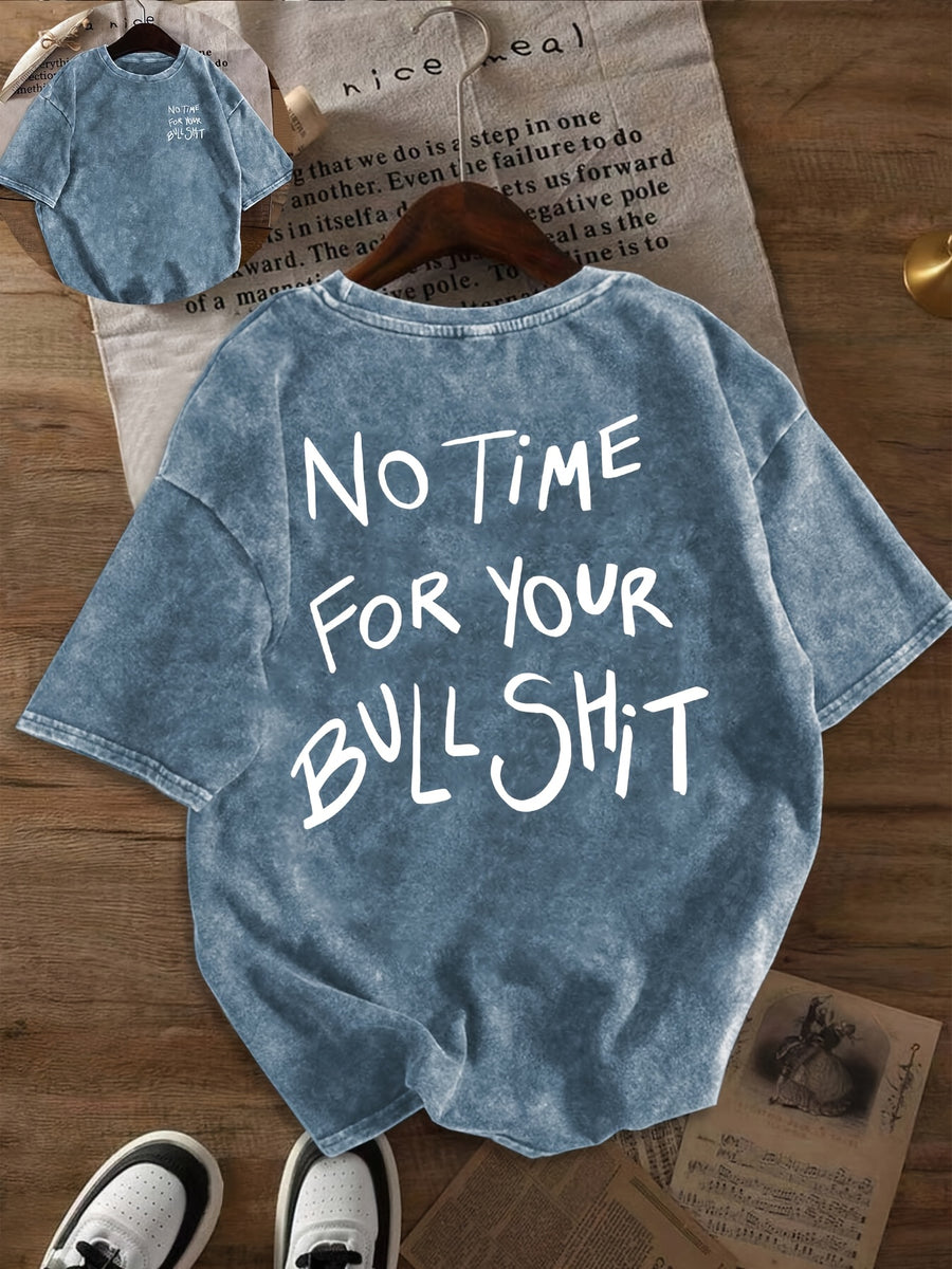 Retro "No Time for Your Nonsense" Graphic T-Shirt - Small Round Neck Short Sleeve Casual Top with Lettering, Machine Washable Suitable for Summer Daily Wear & Layering, Non- Blouse Style (Immediate Shipment) - Blue