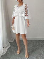 Women'S Elegant Exquisite Date Party Attire Solid Color Tailored Waist-Cinched A-Line Sleeveless Short-Length Dress Two-Piece Set Tulle Overlay with 3D Flower Decoration Overlay And Dress Two-Piece Set - Ivory White