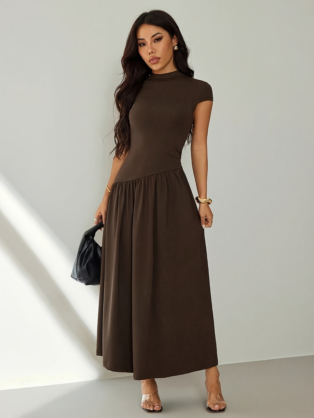 Women's Solid Color Stand Collar Puff Sleeve Pleated Long Casual Dress, Summer Dress - Coffee Brown