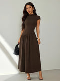 Women's Solid Color Stand Collar Puff Sleeve Pleated Long Casual Dress, Summer Dress - Coffee Brown