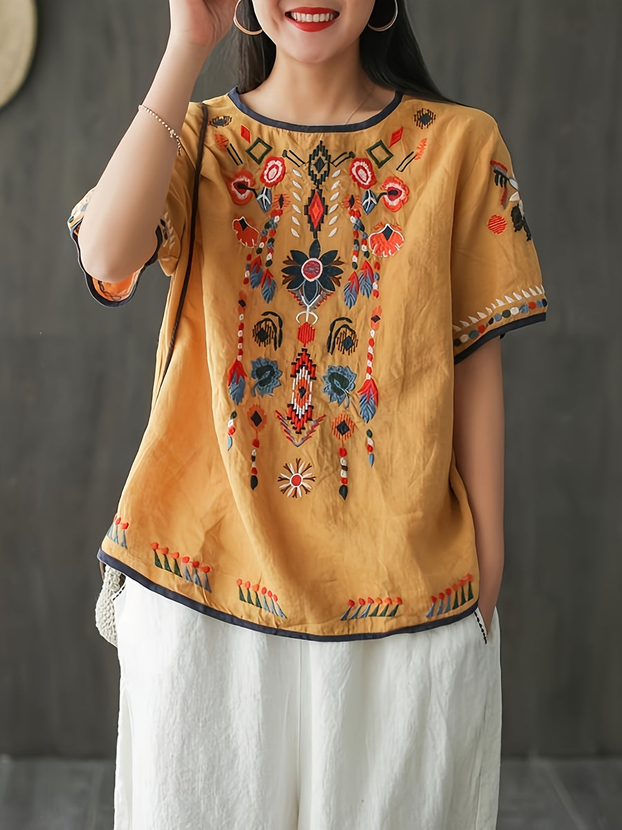New Ethnic Style and Embroidered T-shirt for Women in Summer, Retro and Artistic, Loose and Oversized, and Versatile Short Sleeved Top The Chest, Cuffs, and Hem Are All Covered in Embroidered Patterns with Bohemian/ethnic Style - Yellow