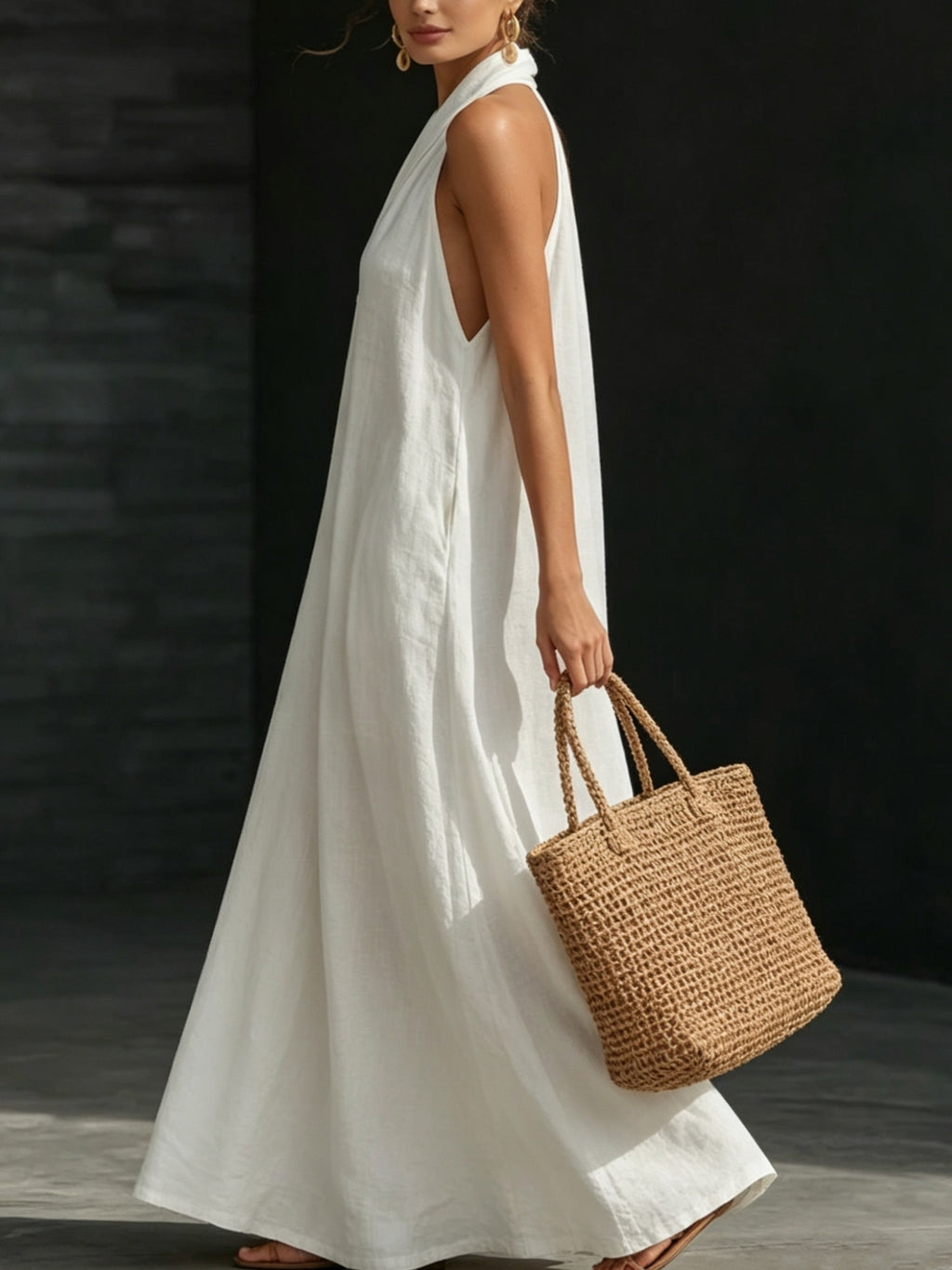 Women's Summer V-Neck Linen-Look Maxi Dress with Hidden Pockets - White