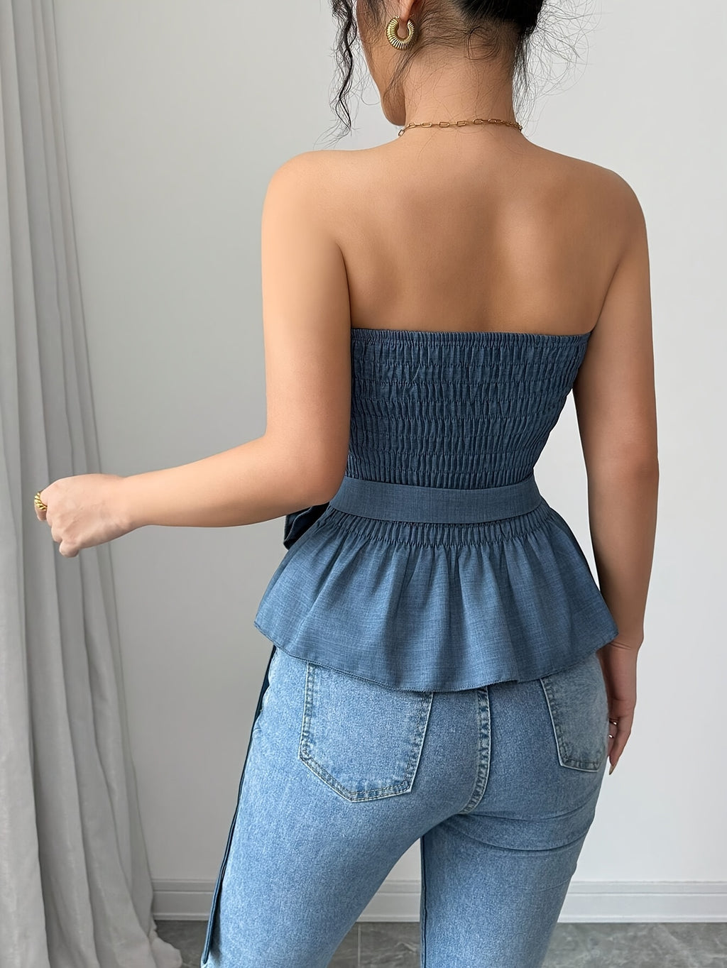 New European And American Style Sexy Off-The-Shoulder Backless Solid Color Versatile Hot Temperament Fashion Strapless Top - Sea Blue