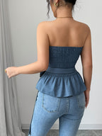 New European And American Style Sexy Off-The-Shoulder Backless Solid Color Versatile Hot Temperament Fashion Strapless Top - Sea Blue