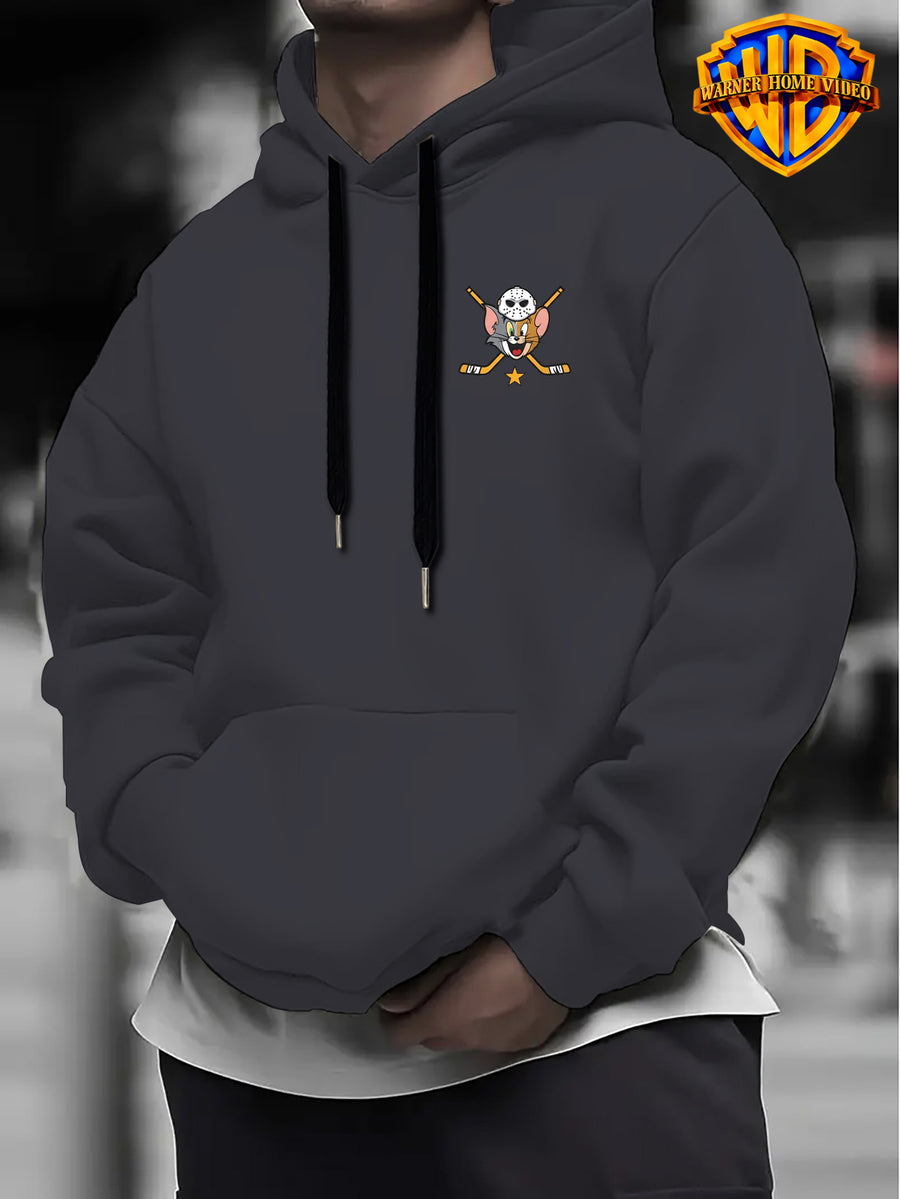 [Officially Licensed by Warner Bros] 1pc, American Retro League Badge Cartoon Character Creative Casual Hoodie - Men'S Fashion Sweatshirt with Double-Sided Print, Adjustable Drawstring Loose Comfortable Hoodie, Suitable for Daily And Outdoor Wear - Dark Gray