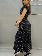 Women's French -Neck Smock Dress - Polka Dot Maxi Dress with Short Sleeves & Split Hem, -Line Smock Dress Suitable for Parties, Vacations, Beachwear, Machine Washable Round Dot Print Dress - Black