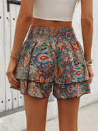 Women's Fashion Casual Random Print Waist-Cinched Wide-Leg Shorts - Multicolor