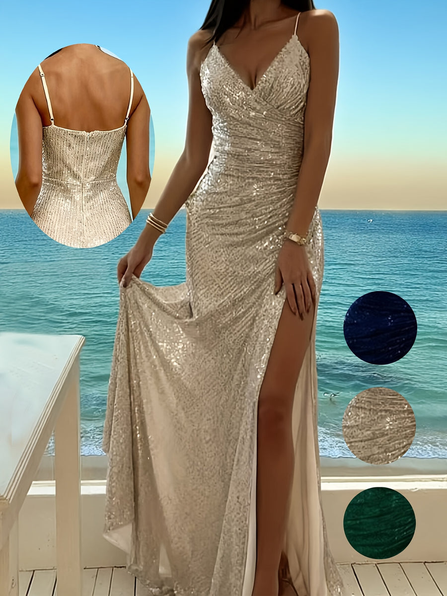 Elegant European and American Style Sequined Spaghetti Strap V-Neck Asymmetrical Ruched High Slit Evening Gown for Ladies, High-End Banquet and Annual Meeting Host/Bridesmaid Dress for Birthday Parties and Balls - Apricot
