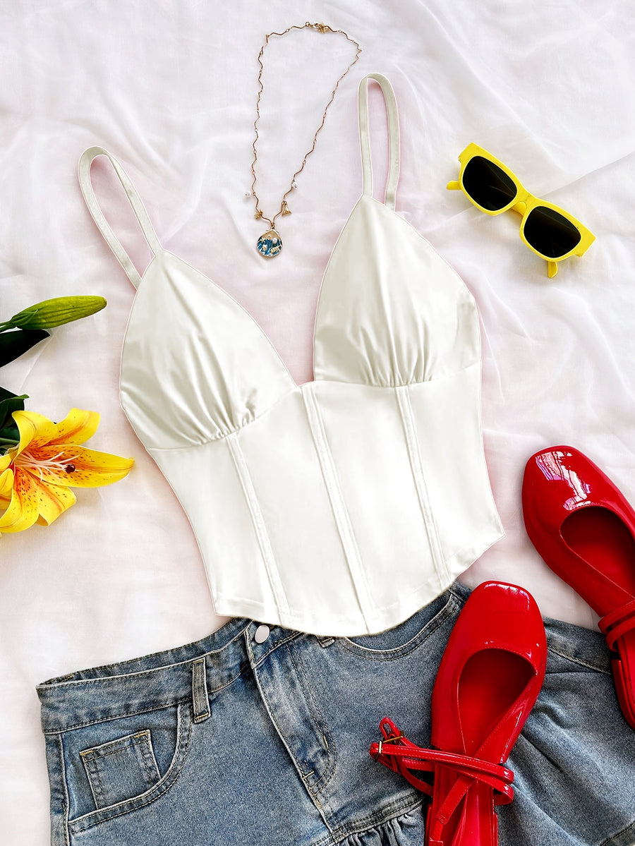Sexy V-Neck Sleeveless Solid Color Cross Vest, Suitable for Dating, Bohemian Style, Vacation, Autumn Wear, Women'S Clothing, Retro Style, Holiday Theme, Tank Top - Ivory White