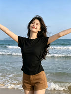 Solid Color Slim Fit Round Neck Short-Sleeved T-Shirt Women'S Summer New Pure Desire Style Outfit Basic Versatile Easy Top - Black