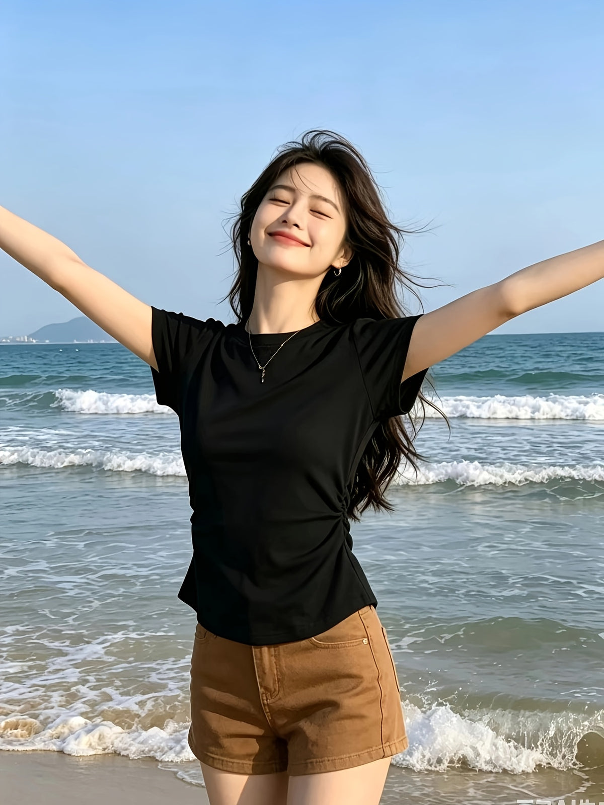 Solid Color Slim Fit Round Neck Short-Sleeved T-Shirt Women'S Summer New Pure Desire Style Outfit Basic Versatile Easy Top - Black