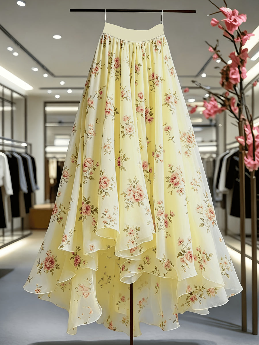 Women'S Spring Summer New Elegant Floral Print Mesh Half Skirt, Suitable for Parties, Vacations, And Dates - 【Light Yellow】
