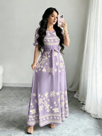 Holiday Gathering Vacation Dress Printed Dress Women'S Fashion Round Neck Short Puff Sleeve Skirt Design with Belt Waist-Cinching Long Dress Elegant Summer Dress ASD1 - Light Purple