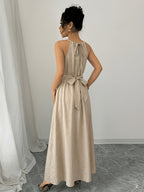 Women'S Early Spring Faux Bamboo Texture Sleeveless Cami Waist-Cinching A-Line Long Dress - Khaki