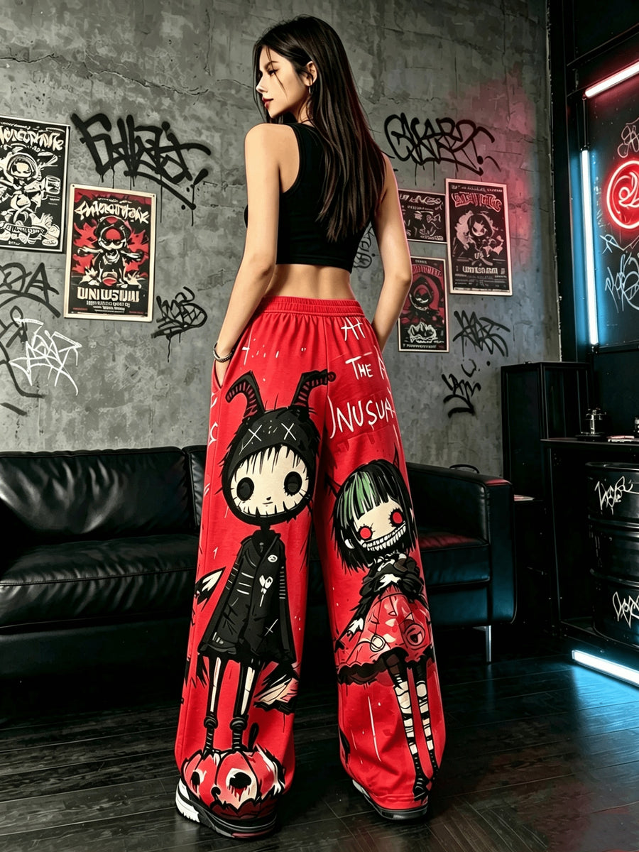 Women'S Digital Print Spring Summer Autumn Retro Horror Doll Cartoon Printed Women'S Trousers, Punk Y2K Subculture Loose Drapey Wide-Leg Pants - Red