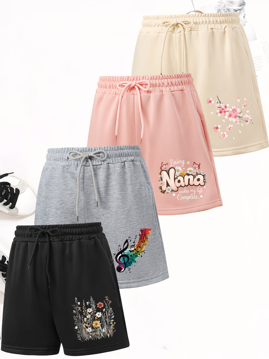 4pcs Women's Elegant Casual Jogger Shorts - Floral Print, Drawstring Loose Fit Summer Vacation Sweatpants, Machine Washable - Black + Gray + Apricot + Pink